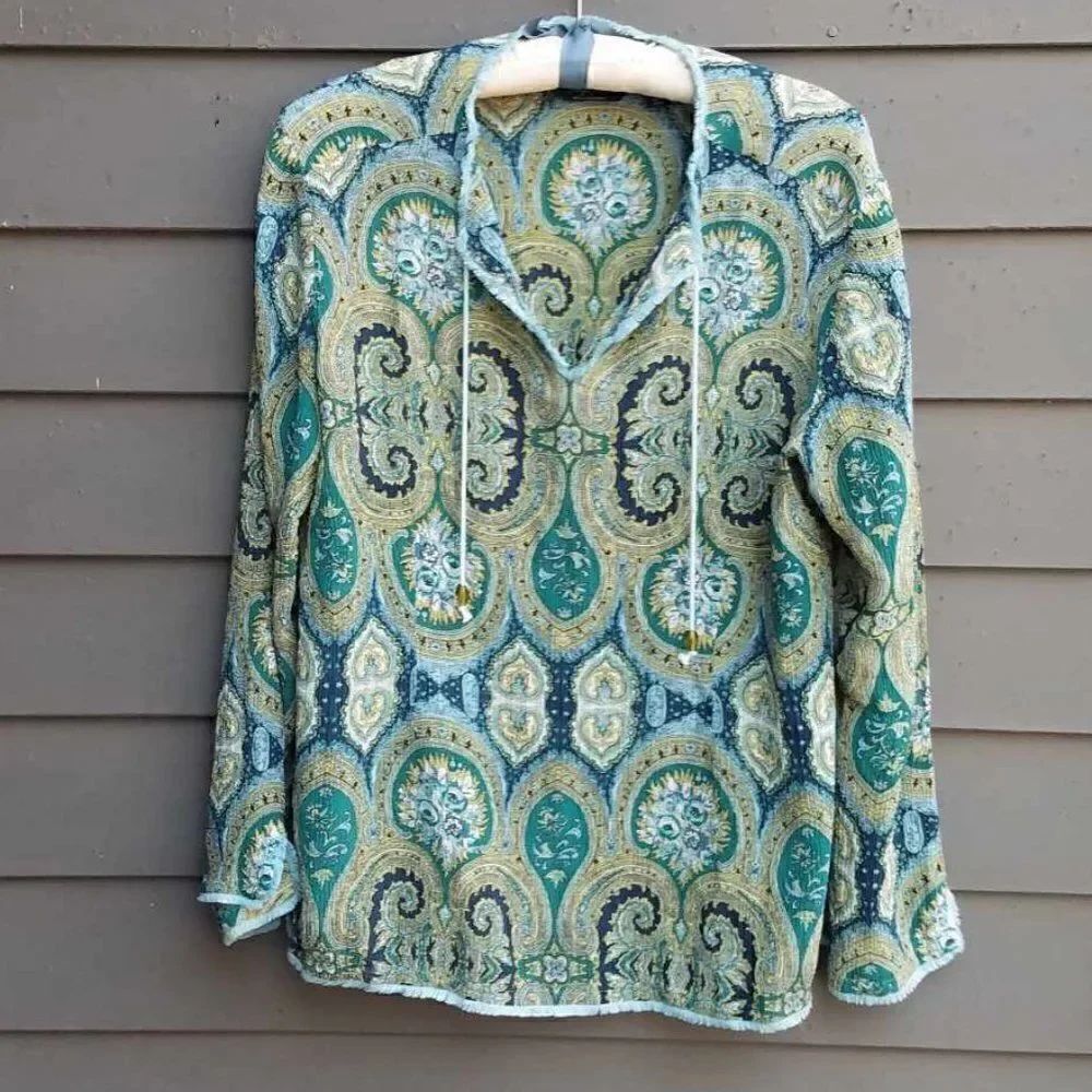 Indigo Palms Silk Blue Green Paisley Peasant Blouse size XL